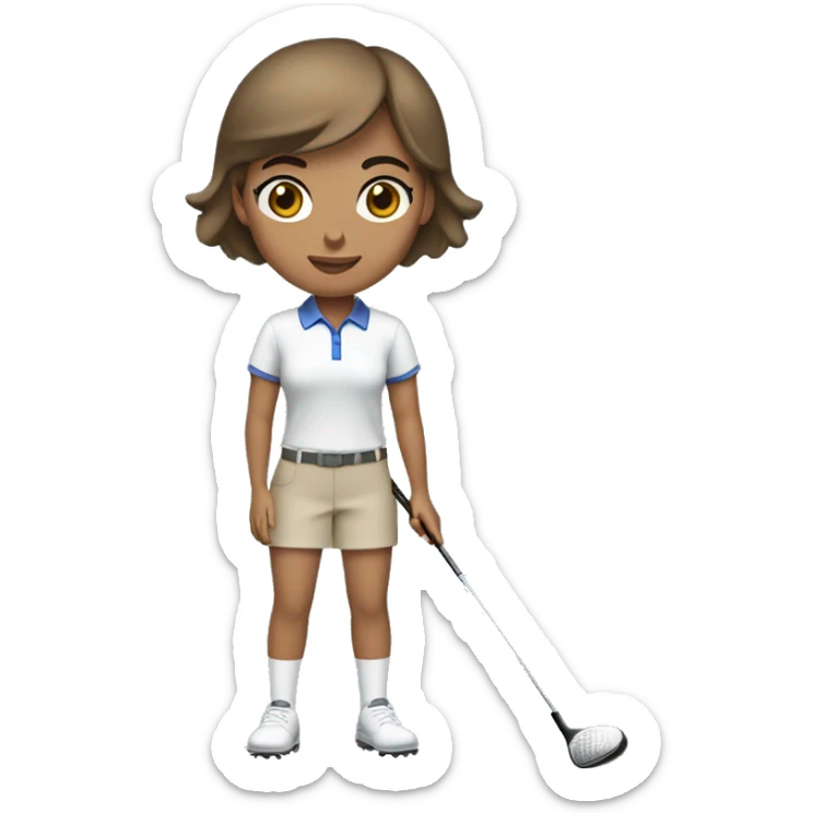 Female with olive skin tone, brown eyes, brown straight short hair dressed in golf clothing and holding a golf club sticker
