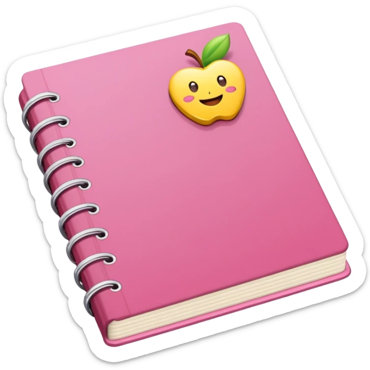 libreta de anillos rosada en perspectiva isometrica con sticker de carita feliz amarilla, sin rubor rosa, con aspecto de emoji de apple sticker
