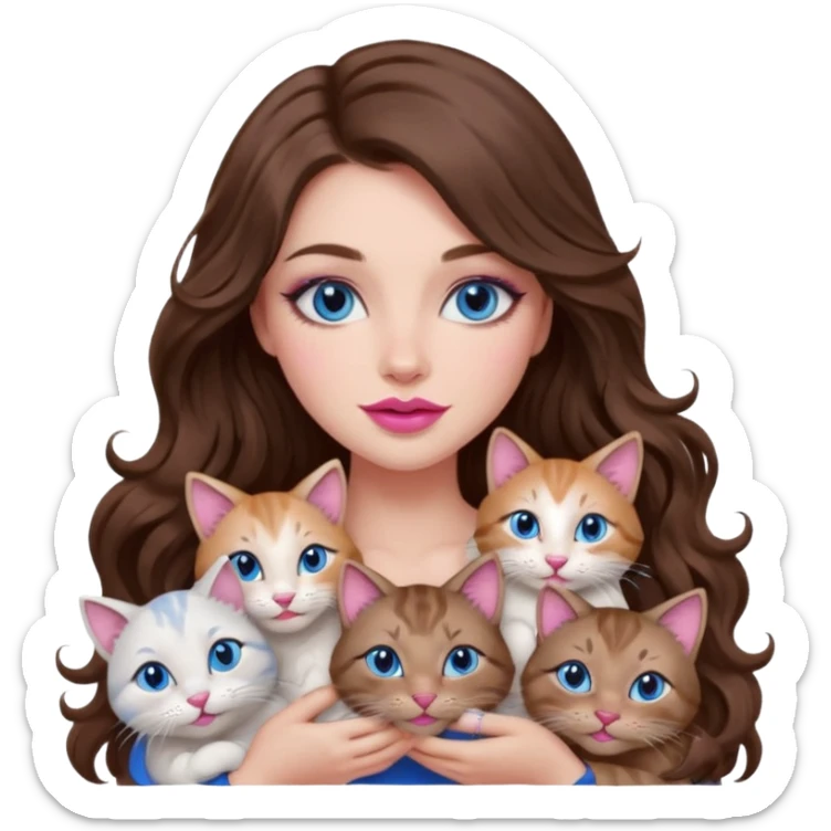 girl with long wavy brown hair, blue eyes, long lashes makeup, sexy pink lips, cuddling with 6 cats sticker