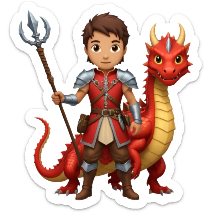 a dragon tamer with a whip in his hand in medieval time with a dragon next to him sticker