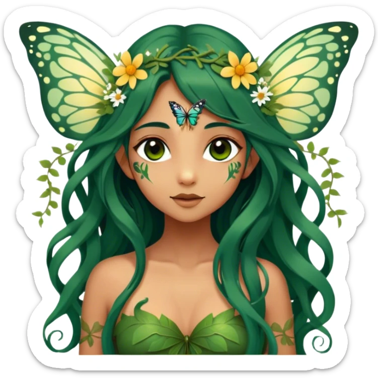 Cinematic Realistic Forest Nymph Fairy portrait, with butterfly wings and depicted with lifelike, sun-kissed tanned skin that radiates an earthy glow, softly illuminated by natural, dappled light. Her long, flowing dark green hair is intricately detailed and interwoven with delicate vines and wildflowers, while her deep, soulful eyes mirror the wisdom of the forest. Dressed in an attire inspired by nature’s palette—with subtle botanical motifs—the portrait exudes a soft, enchanted glow that melds realism with woodland magic. sticker
