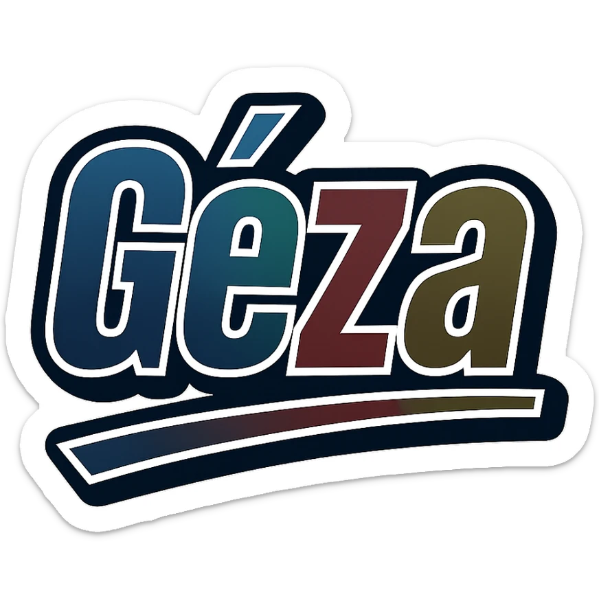 Géza name in masculine, modern gradient font with dark contour, prominent and clearly visible white border like the sample image, dynamic slanted underline, masculine color shades including blue, gray, burgundy, green, brown, 1000x1000 px, PNG, transparent background, in the style of the uploaded sample. sticker