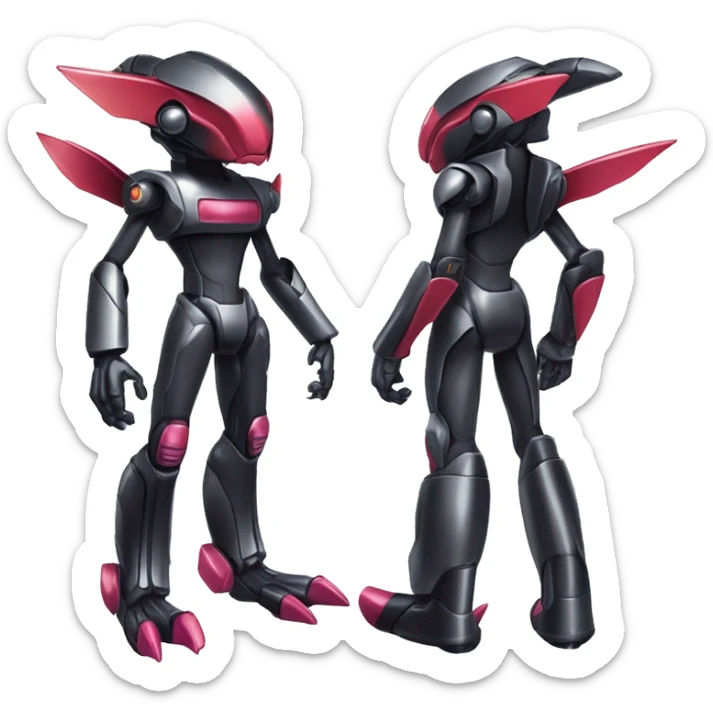 a shiny metallic black Genesect-Flygon-Raptor-Fakémon-Medabot-hybrid with a futuristic visor-helmet full body sticker