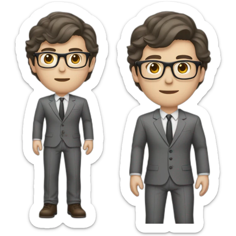 Full height Pale skinned Fit Man With dark brown hair in classic gray suit, beige office shirt, dark gray tie, and vintage glasses. His hands lock sticker