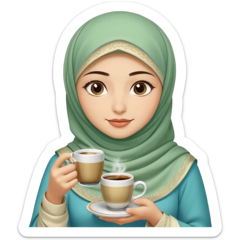 Turkish beautiful finish Konya girl blue with beige and butterfly light green hijab islamic dress and had on her hand Turkish coffee sticker
