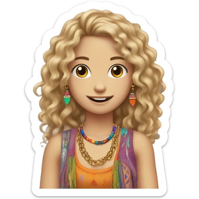 Caucasian hippie girl with curly dirty blonde hair, hazel eyes, baggy colorful pants and a tank top, lots of bohemian bracelets and jewelry sticker