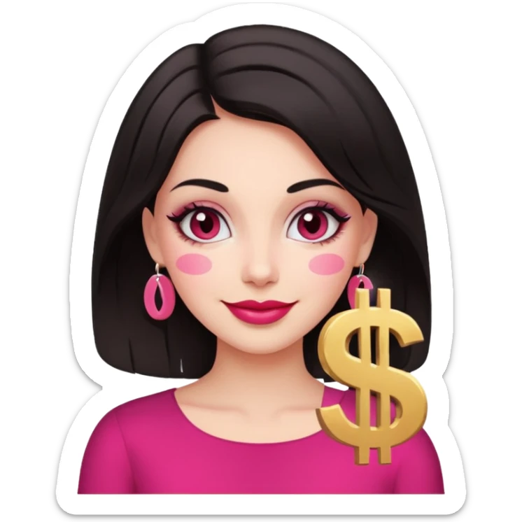 fair-skinned woman with dark hair, dollar sign ($) eyes, smiling, pink brush sticker