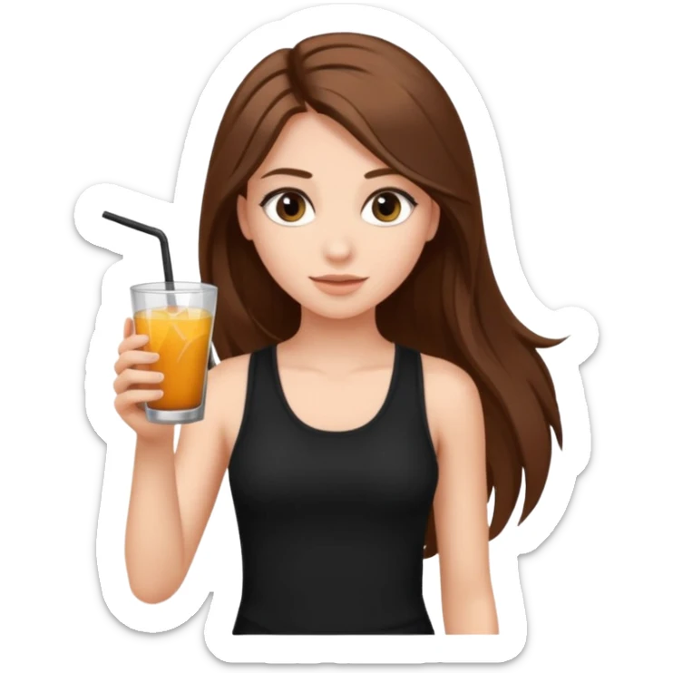 girl with long brown hair, false lashes, dressed with a black tank top and a drink in her right hand sticker