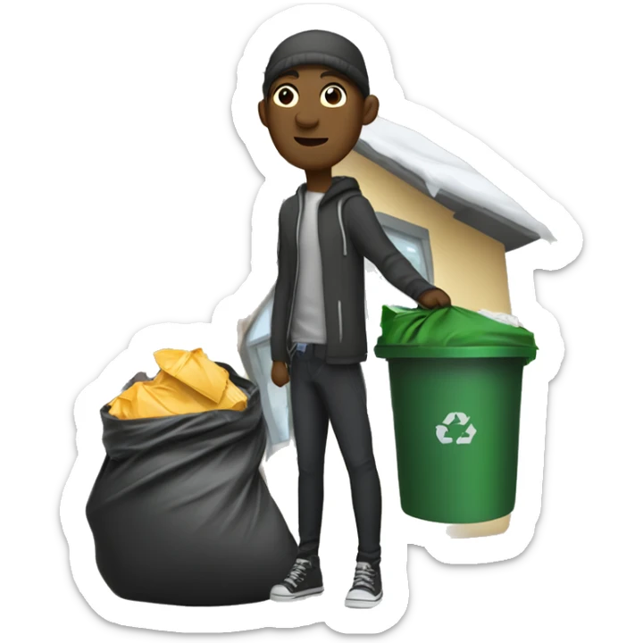 Theif with trash bag slung over shoulder to the left of house sticker