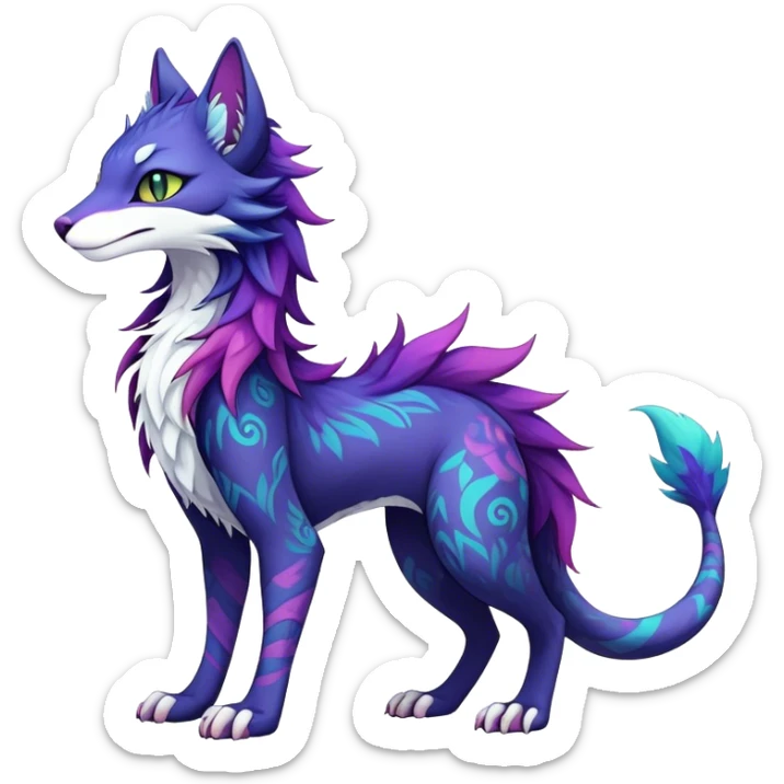 Kawaii dark colorful edgy fantasy ethereal feline-vernid-sergal-fursona animal creature with a tufted tail full body sticker