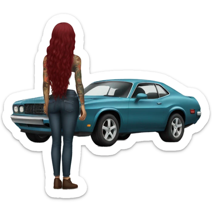 Beautiful tattooed burgundy long haired woman standing next to a car sticker