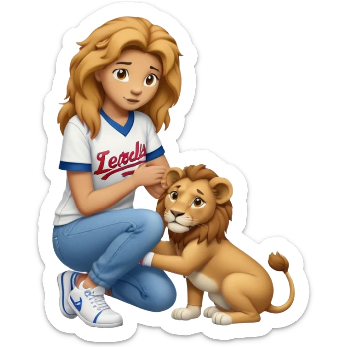 friendly anthropomorphised female lion wearing a baseball shirt, jeans, and trainers, comforting another character sticker