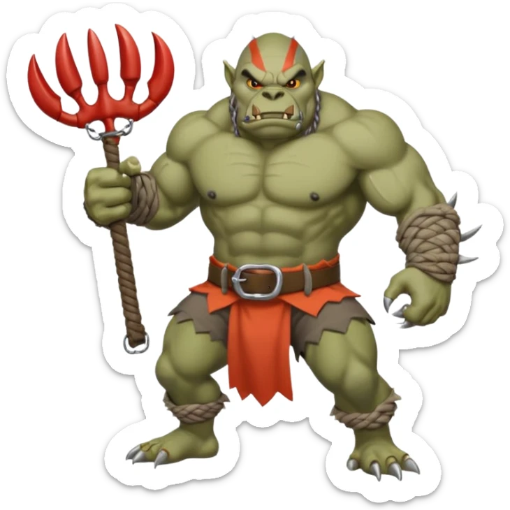 orc male Belt of defeated "Pesky Sand Crab" claws, flexing with a net full of loot. sticker