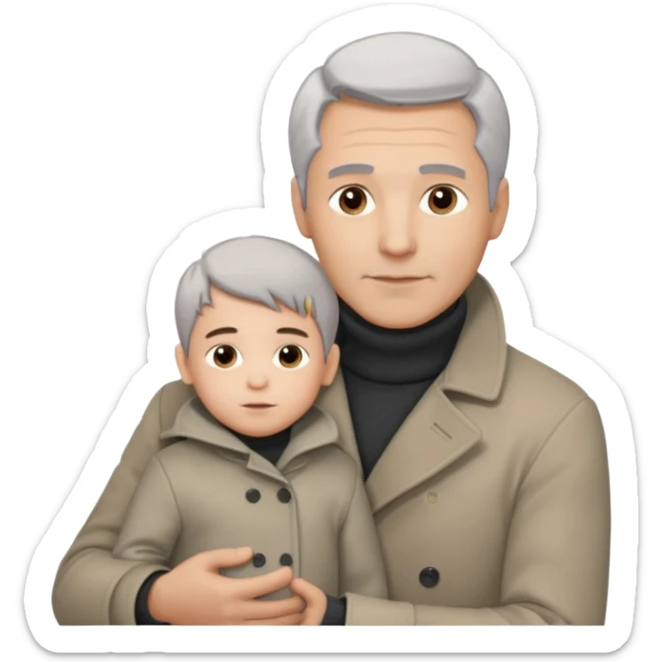 A father with silver-grey hair styled neatly and a clean-shaven face, wearing a dark turtleneck and wool coat, holding his child gently. The child has light brown hair and a soft white jacket. Warm cinematic lighting, emotional close-up. sticker