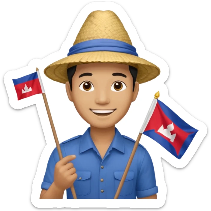 Cambodian man Tourist Guide with small cambodian flag in hand and traditional cambodian hat sticker
