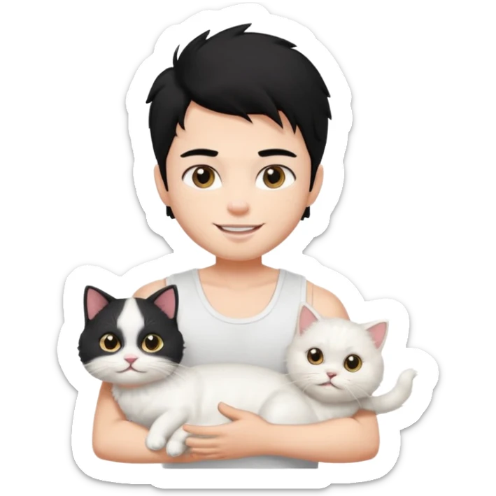 a pretty bratz boy with black hair and white sleeveless tank with a white persian cat smiling sticker
