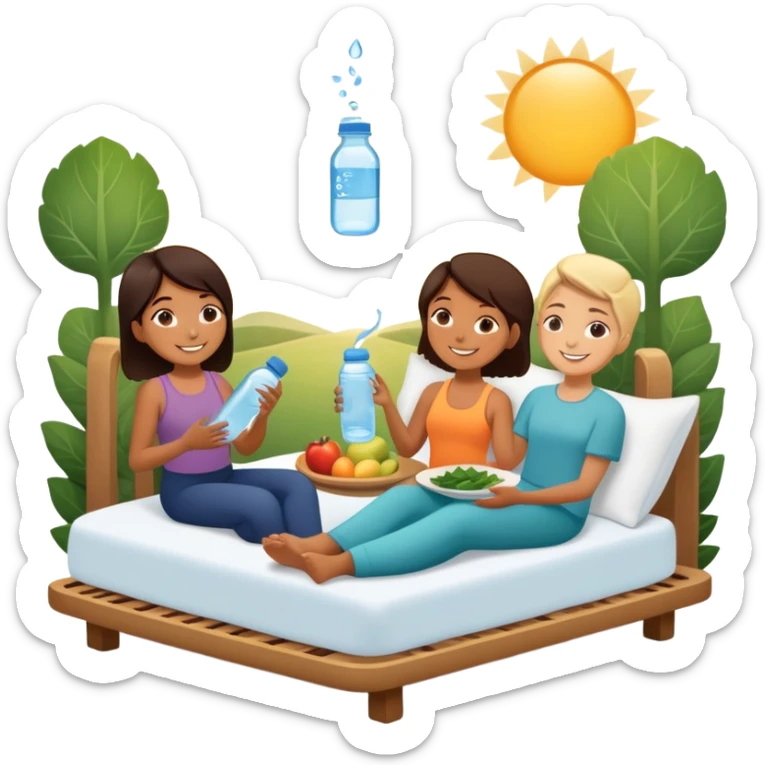 A person in the sun, with a plate of whole foods, water bottle, and glowing bed behind them. Nearby, smiling friends gather—symbolizing balance, healing, and connection through simple daily rituals. sticker