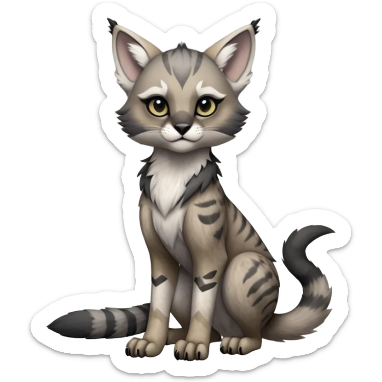 Cute kawaii cool edgy badass  ashen grey fur with smoky charcoal ombré fade fantasy-caracal-civet-genet-sergal-vernid-Gryphon-Cacomistle-Trico-oncilla-animal-Fakémon-hybrid-fursona (full body), facial markings, (realism style) sticker