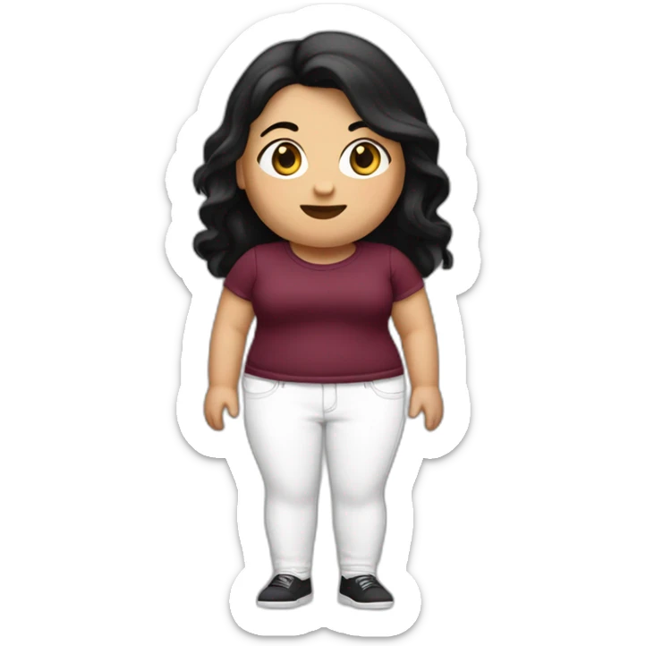 White Fat girl with burgandy t-shirt and white jeans and black hair sticker