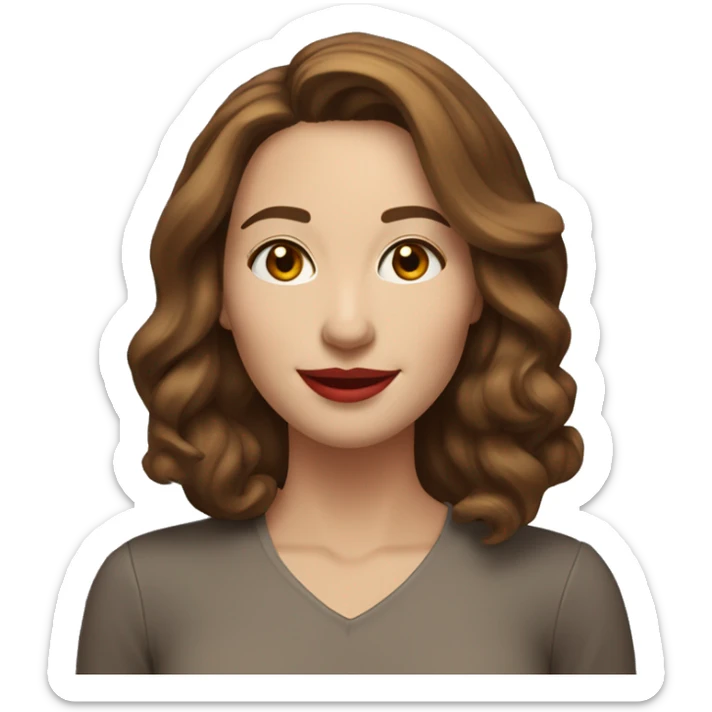 A cheerful woman in her 30s with fair skin, shoulder-length wavy brown hair, and a round face with prominent cheekbones. She has hazel eyes, full lips with red lipstick, and a warm, friendly smile. sticker