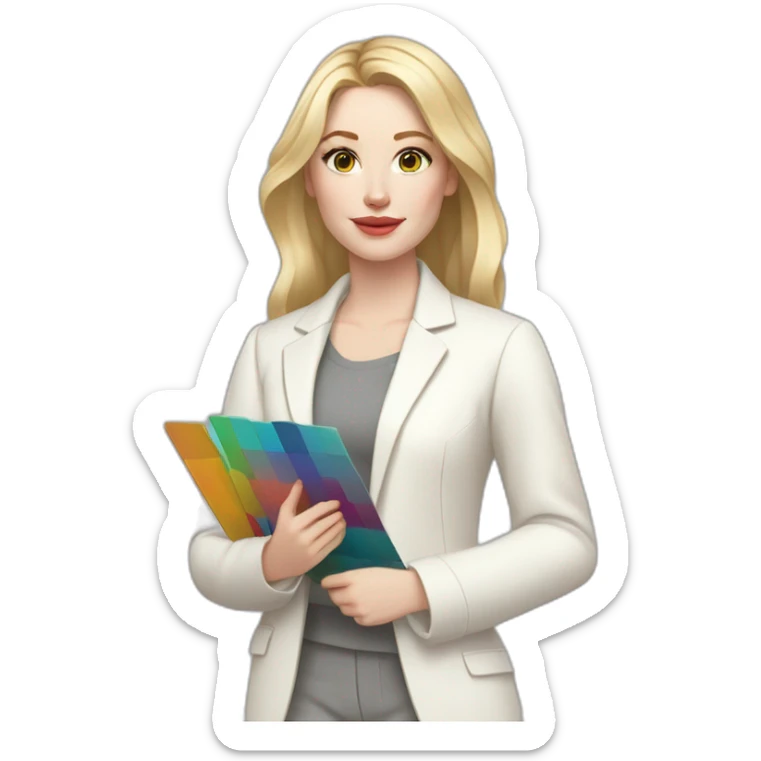 pale skin woman with blonde straight line Hair to shoulders, White classical jacket, Gray Palazzo pants holding a color palette in the hands sticker