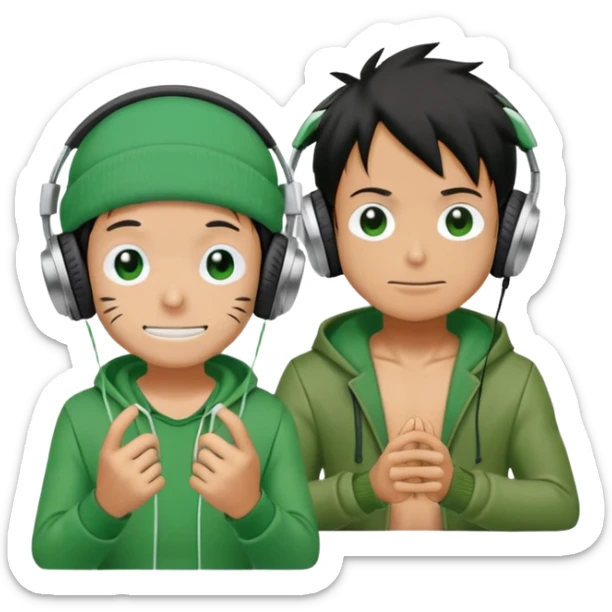 Green Luffy and green Alastor wearing headphones listening to music together sticker