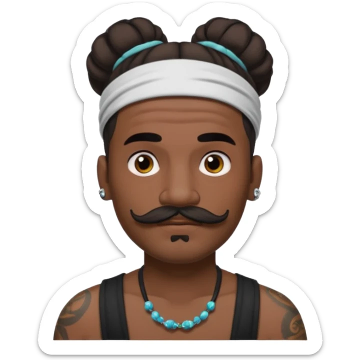 single big bun hair man and mustache and face tattoos very heavy and headband sticker
