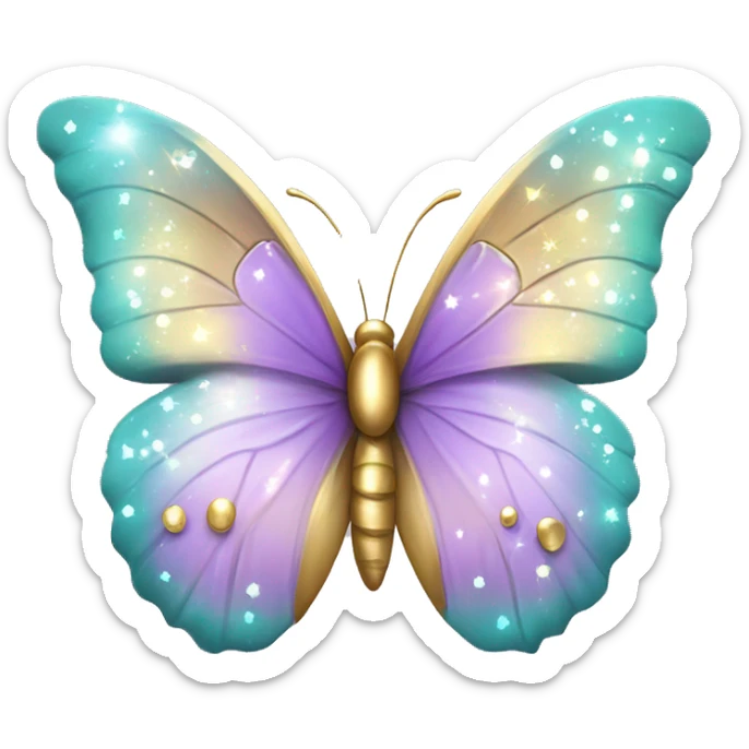 Magic lilac, golden, turquoise pastel colors style, with little shiny sparkles, some realistic kind beautiful butterfly sticker
