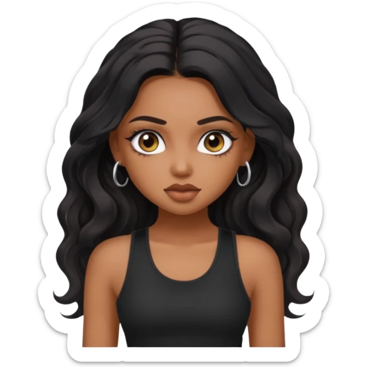 a pretty bratz dusky girl with long wavy black hair, kajal under eyes, black full sleeve tank top sticker