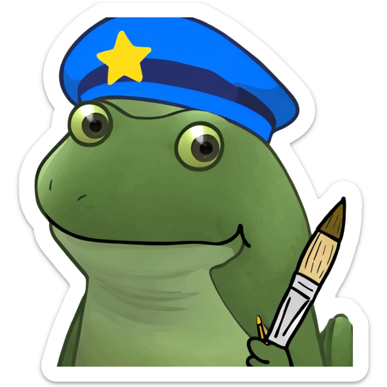 Make the baby oil bottle look like an artist with a beret and paintbrush, in the green bufo frog meme style, no background. sticker