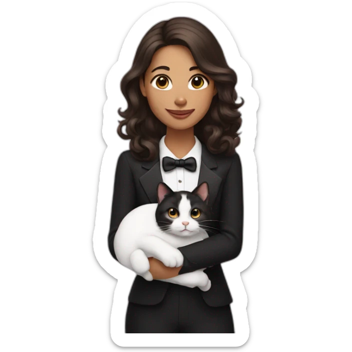 A woman holding a tuxedo cat. The cat is black and white. The woman has long wavy brown hair and brown eyes sticker