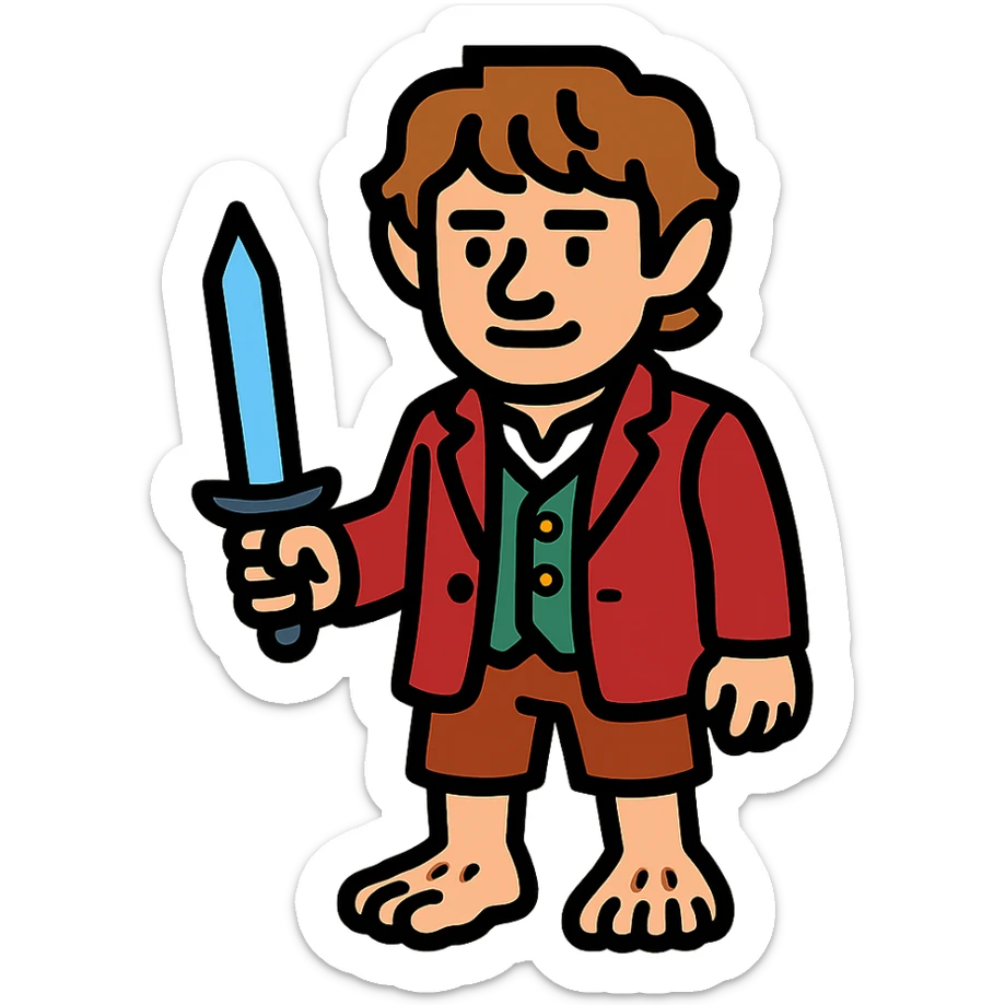 Whole body image of bilbo baggins from the hobbit movie in pixel art style. Bilbo is younger. Make Bilbo look like the actor that portrayed him in the movie, Martin Freeman. Bilbo is wearing the same red jacket, green vest, white undershirt, brown leather short pants, and hairy hobbit feet. He is holding a short sword that is glowing with a blue hue.  sticker