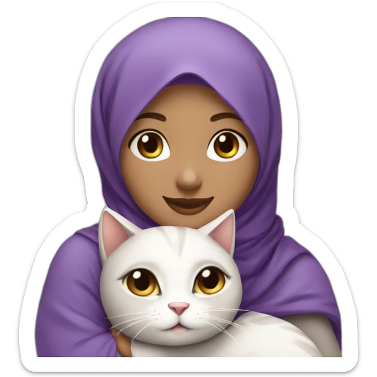 Hijab girl light brown skin purple hijab smiling hugging her cute grey and white cat  sticker