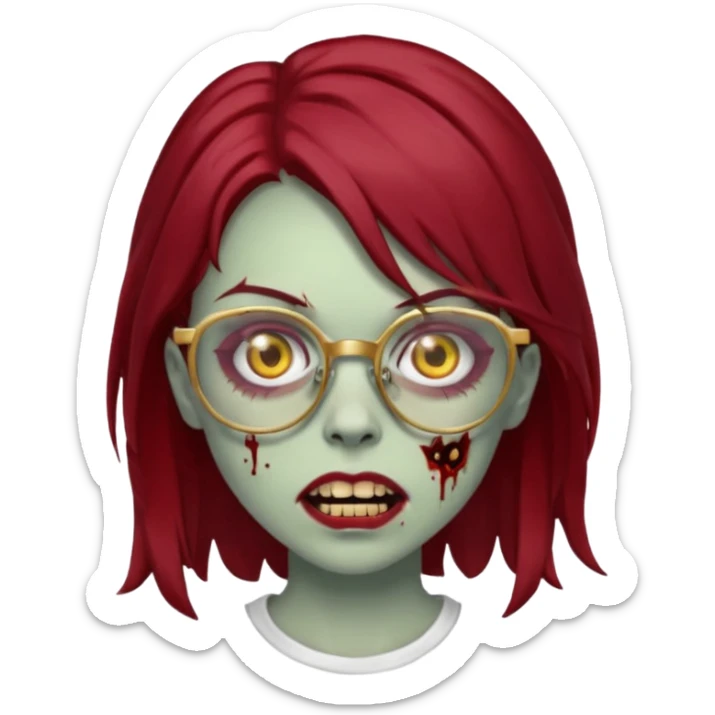 A zombie girl with dark red mid length  hair with golden grills and glasses sticker