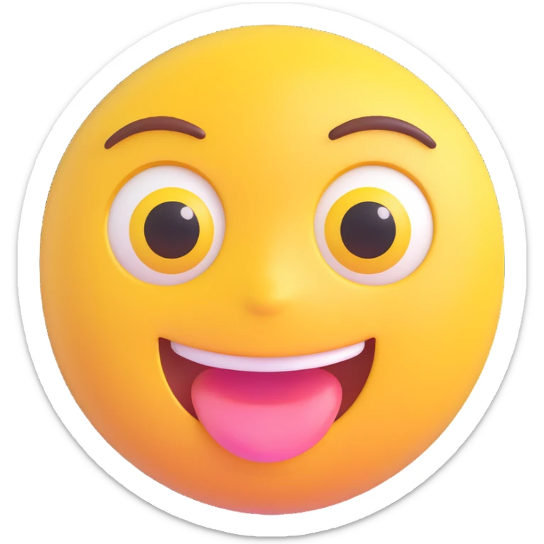 cute 3D cartoon emoji of a happy yellow face, big glossy eyes, open mouth smiling, shiny surface, slight blush on cheeks, isolated on transparent background sticker