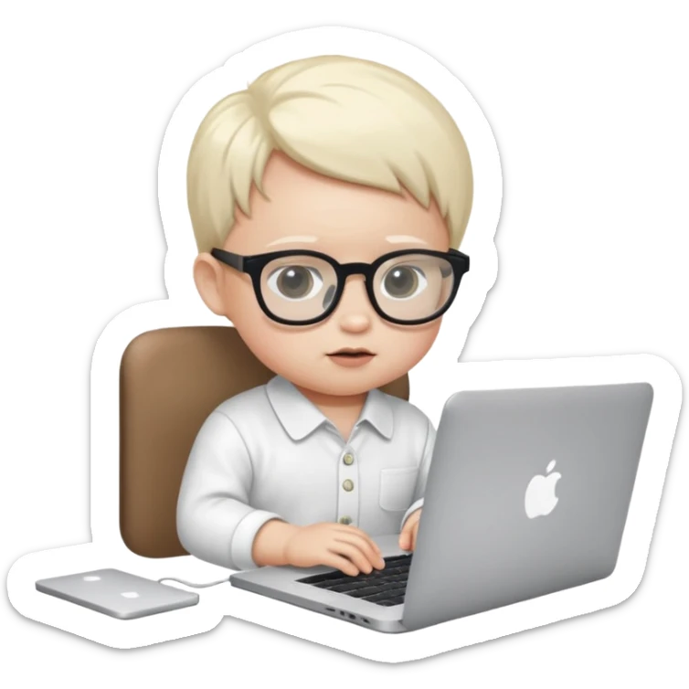 baby white skin bull in fancy glasses sitting in front of a macbook, working  sticker