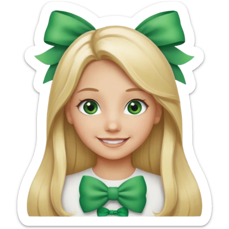 blonde girl long hair middle part, green eyes,at with a bow with text saying "engoy" sticker