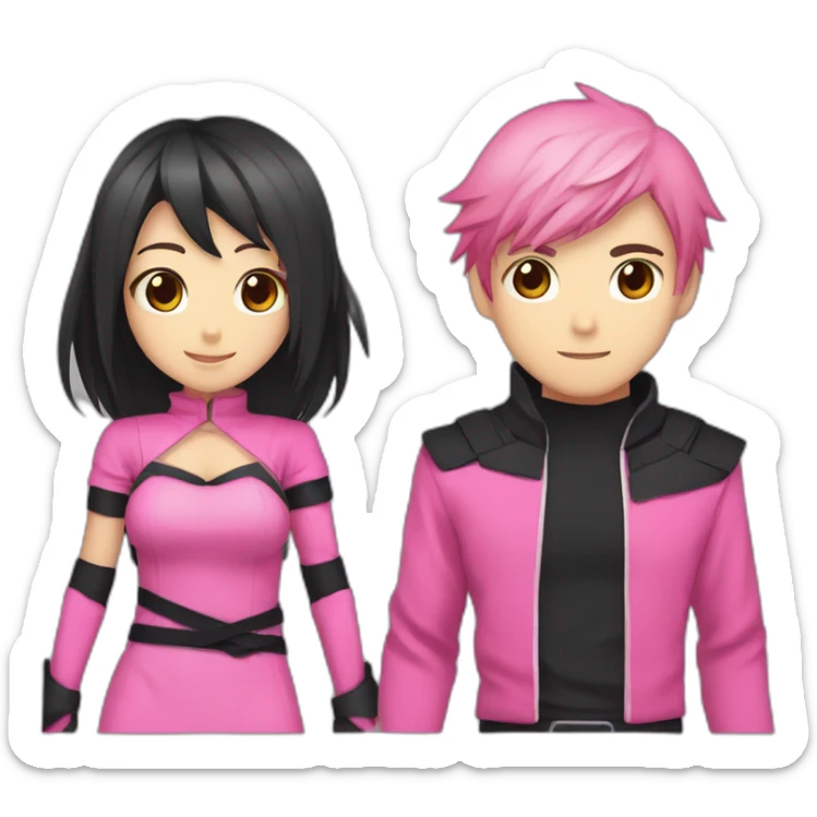cute anime girl with pink ninja clothing and a pretty face along side a man ninja with black clothing and holding hands sticker