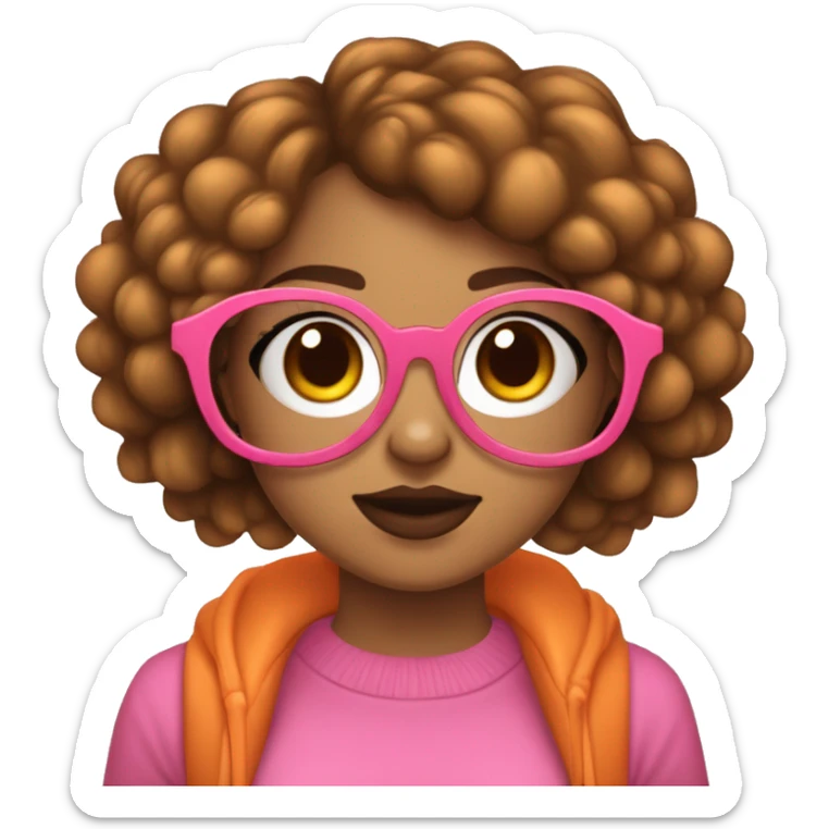 Chica joven con pelo corto de color castaño, con gafas redondas con borde dorado. Pecas en las mejillas y labios gorditos color rosa. Tiene un perro color negro y naranja sticker