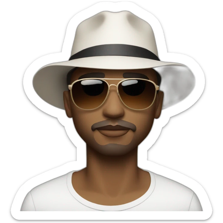 The french singer Lorenzo with this style : medium long brown hair white and short bucket hat and sunglasses sticker
