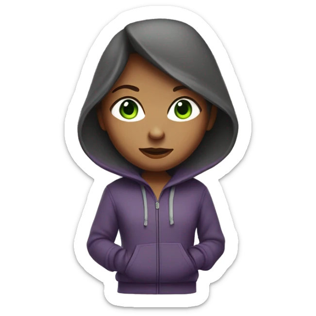 girl with shoulder length hair in a dark purple-red colour with green eyes wearing a grey hoodie  sticker
