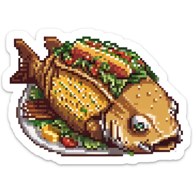 a cyborg robotic carp who's body is made from a filled crunchy taco, with lettuce salsa meat and cheese. he is fish taco bot man sticker
