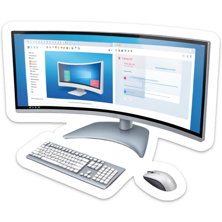 Create an emoji for UX/UI design. Show  large curved monitor displaying windows with UX/UI design interface. Include a mouse, keyboard, and stylus next to the screens. Use modern, professional colors. Do not include any emojis or smiley faces. Make the background transparent. sticker