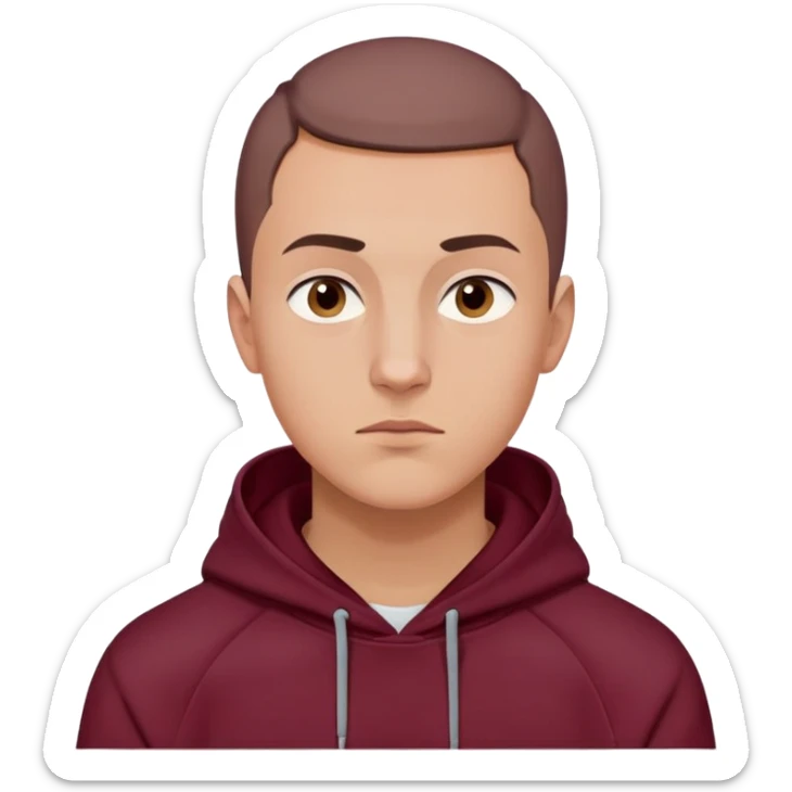 young European man in a maroon hoodie with hood up, short brown buzzcut, smooth skin, oval face, defined jawline, high cheekbones, sharp eyes, straight eyebrows, neutral expression sticker
