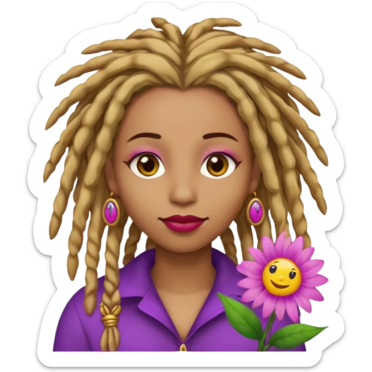 Gold dread locs pink emoji face purple flower in the hair red lipstick light brown face   sticker