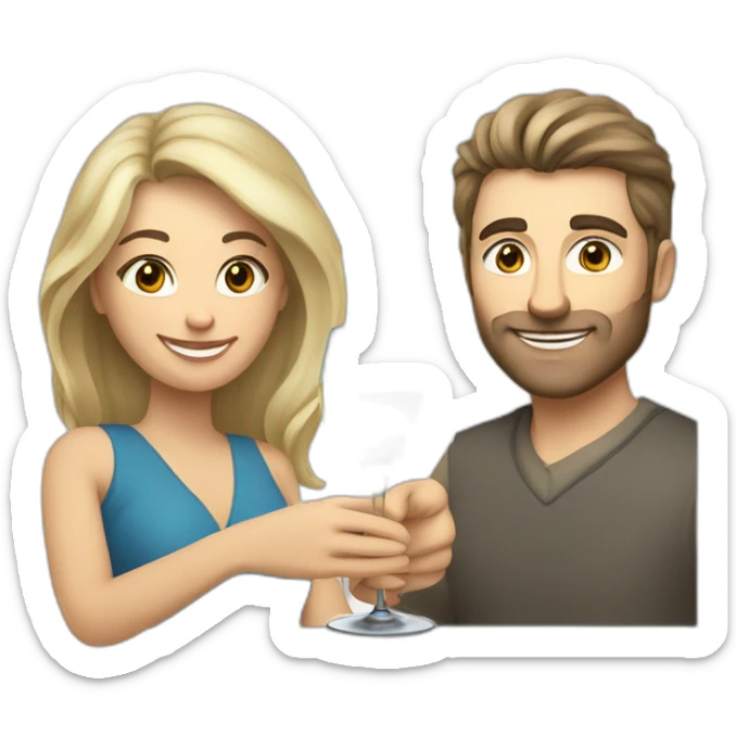 caucasian woman with brown eyes and blond medium long hair and a caucasian man with blue eyes and grey hair, toasting with a glass of white wine sticker