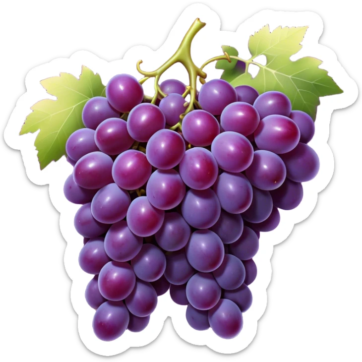Cinematic Realistic Grapes Emoji, Clustered together in rich purple hues, with smooth, plump skins reflecting light in a glossy, delicate sheen. The stems curve slightly, holding the clusters together like a sweet, natural treasure. Soft glowing outline, capturing the essence of natural sweetness and richness in a bunch of ripe grapes! sticker