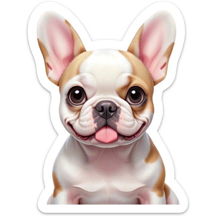 Cinematic Cute Pied French Bulldog Portrait Emoji, Head tilted with a sweet, mischievous grin and large, inviting eyes, featuring a unique pied fur of contrasting colors, simplified yet irresistibly endearing, highly detailed, glowing with a warm, playful radiance, high shine, exuding a quirky charm and affectionate personality, styled with a soft, lighthearted outline, capturing the essence of a cute Pied French Bulldog that looks ready to charm its way into your heart! sticker