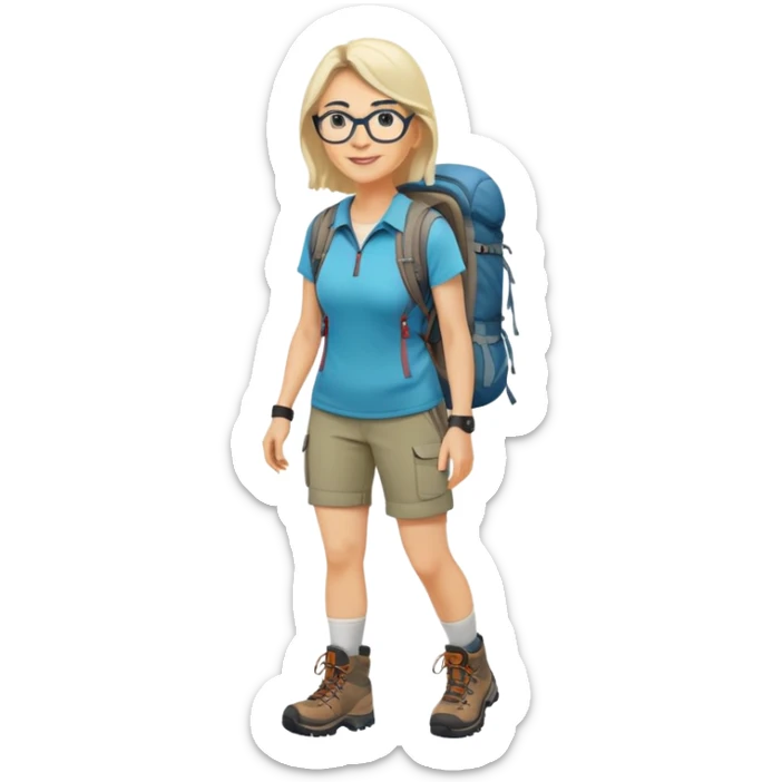 Woman in her 40s with glasses wearing sporty outfit, hiking boots, and backpack looking happy and curious sticker