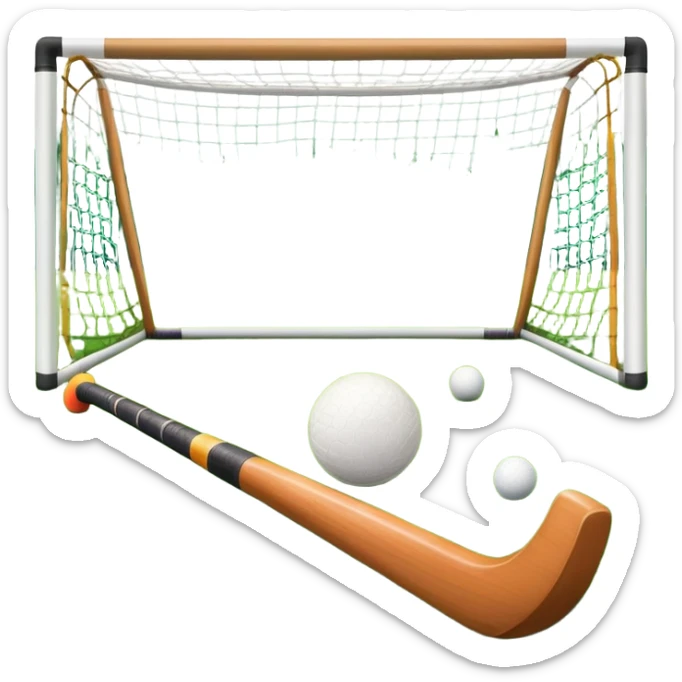 field hockey stick and ball on green grass field with goalposts in background sticker
